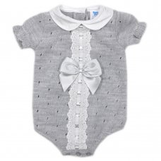 MC744-Grey: Baby Knitted Romper With Bow & Lace (0-9 Months)